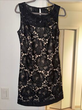 White House Black Market Black Floral Lace Mini Dress with Nude Lining